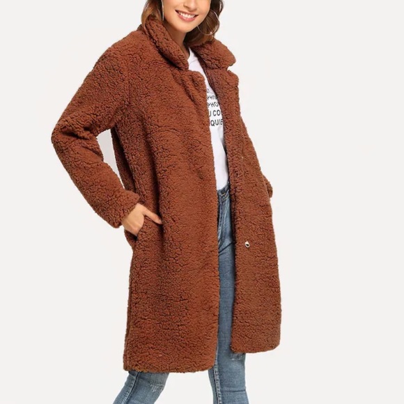 LAST ONE SALE Rust Long Teddy Coat w Pockets - Picture 2 of 6